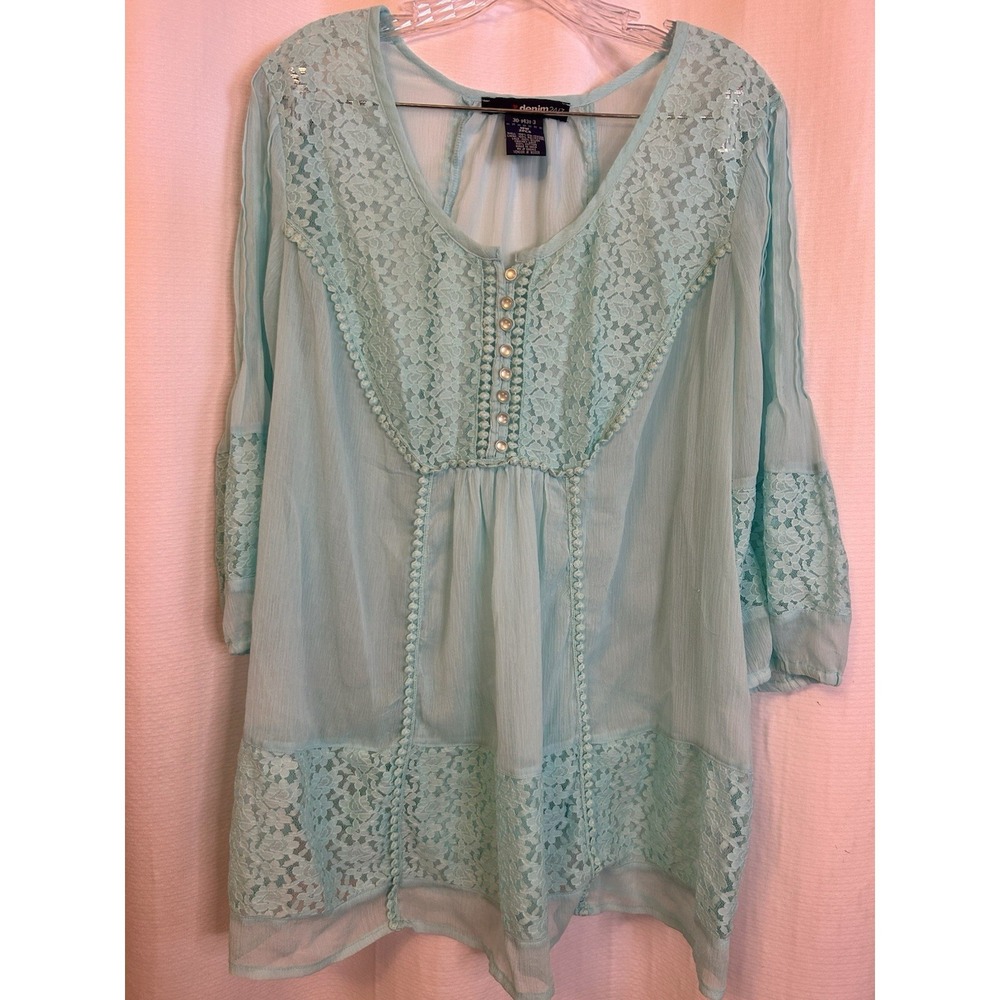 VTG Womens Blouse 18W Sheer Turquoise Boho Indie Hippie Festival 90s Y2K Flowy